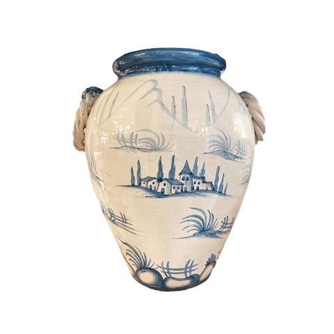 LEONA Porte-parapluie artisanal SALONA vase en céramique blanche et décorations bleues 36x45 cm