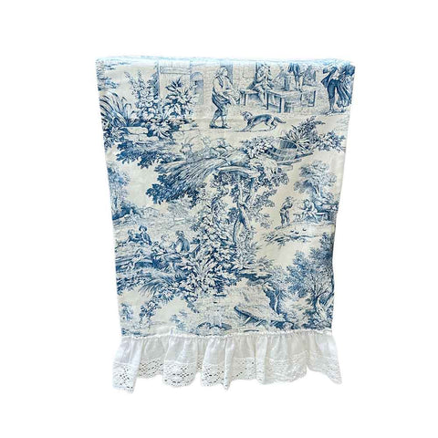 CHARME White and light blue table runner with Toile de jouy ruffles L130+12xH50 cm