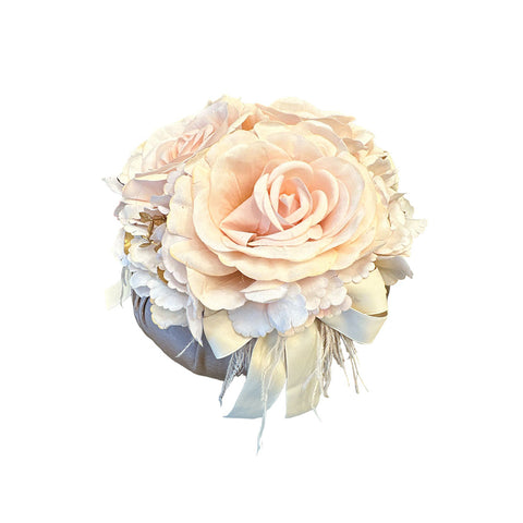 FIORI DI LENA Pouf en soie rose antique avec 3 roses, hortensias, plumes et eucalyptus doré ELEGANCE 100% made in Italy Ø 22 cm