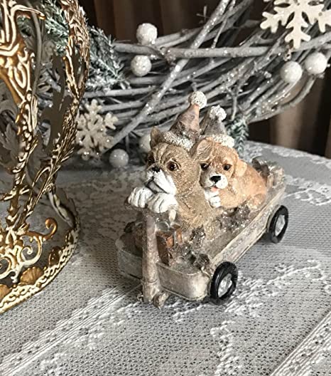 Clayre &amp; Eef Chariot en polyrésine gris avec chiens Décoration de Noël 10x6x9 cm