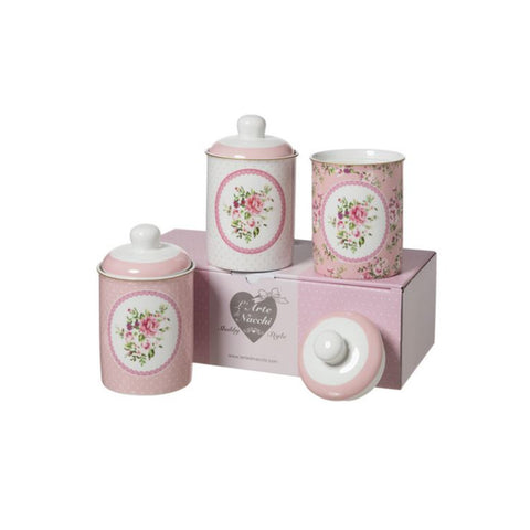L'ART DI NACCHI Set 3 jars containers with pink ceramic flowers Ø10,5 H16cm