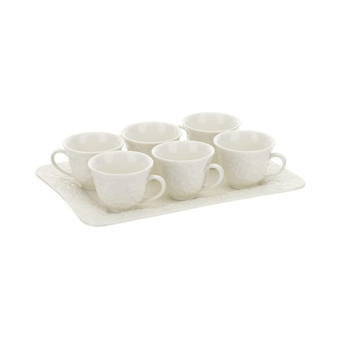 HERVIT Set 6 tazzine da caffè con vassoio a fiori porcellana bianca 26x18 cm