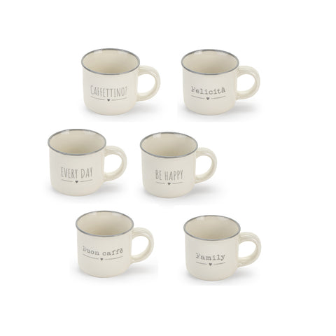 FABRIC CLOUDS Set of six coffee cups with phrases New Bone China Porcelain Vintage Shabby Chic My Home