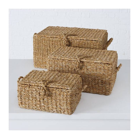 Boltze Rectangular Wicker Storage Basket, Storage Basket with Seagrass Wood Handles and Lid, 100% Natural Material "Sophy", Doho - Scandinavian 3 Variants