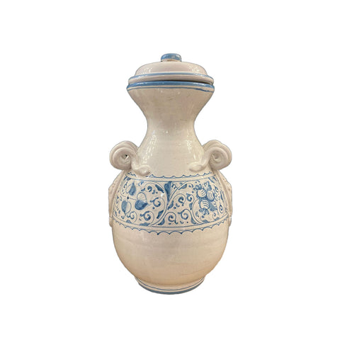 LEONA Vaso artigianale anfora IMPERIA ceramica bianca con decori blu Ø19 H35 cm