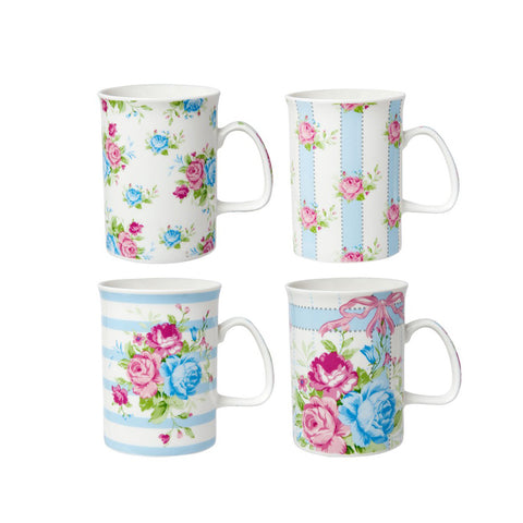 CLAYRE & EEF Set 4 tazze mug in porcellana con fantasia floreale celeste e rosa 300 ml