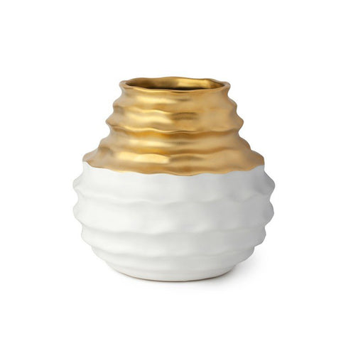 HERVIT White and gold corrugated porcelain stoneware vase ø20 cm 27946