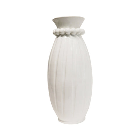 VIRGINIA CASA Narrow striped vase with Shabby Chic pearls in white ceramic made in Italy Ø22 H50 cm