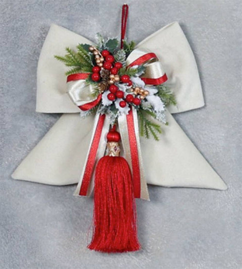 FIORI DI LENA Fiocco in velluto bianco con decoro natalizio e nappa rosso H30 cm
