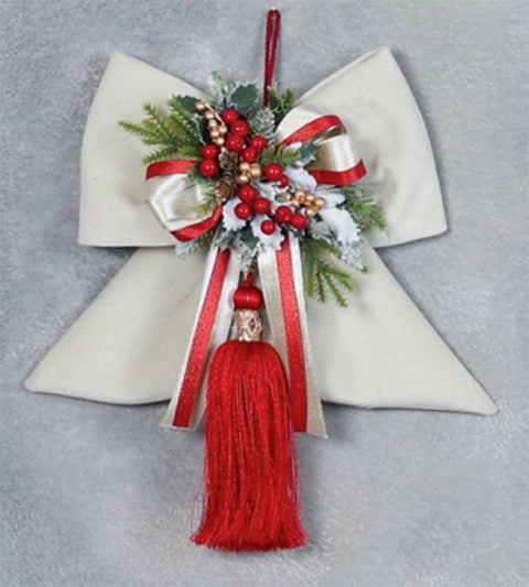 FIORI DI LENA White velvet bow with Christmas decoration and red tassel H30 cm