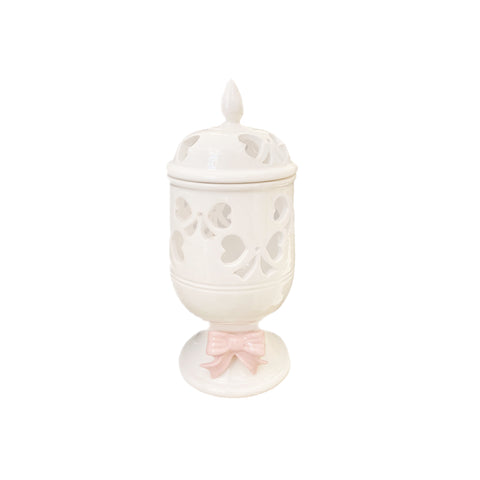 AD REM COLLECTION Lampe potiche porcelaine ivoire noeud rose ajouré Ø12X32