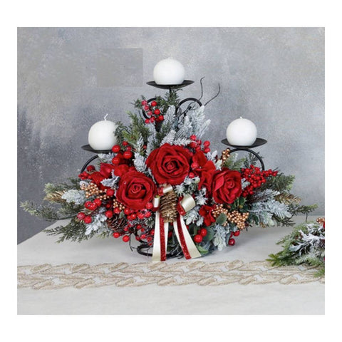 FIORI DI LENA Candeliere natalizio in ferro con tre Fiamme e fiocco in velluto 40x38cm