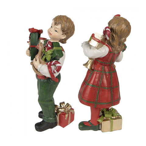 Clayre &amp; Eef Figurine de Noël d'une fille ou d'une jeune fille avec des cadeaux en polyrésine 7x6x13 cm 2 variantes (1pc)
