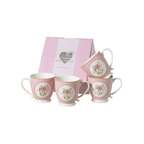 L'ART DI NACCHI Set 4 mugs milk cups with pink ceramic flowers 430 ml