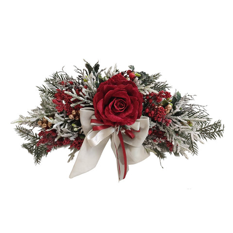 FIORI DI LENA Outside the door pine with berries velvet bow and red rose L 55 cm