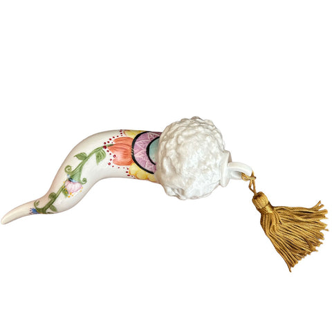 SBORDONE Lucky horn with flowers and gold colored tassel in white porcelain H15 cm