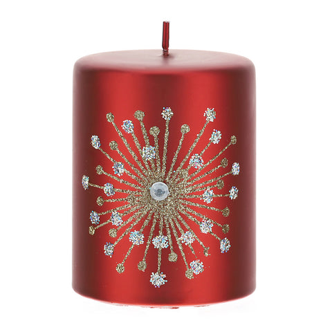 HERVIT Candela decorativa con fiocco di neve paraffina rosso e glitter oro 7x9,5