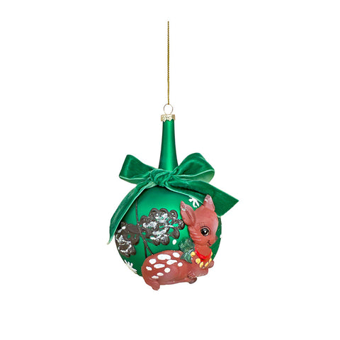 EDG Palla di Natale cerbiatta con fiocco sfera per albero con collo lungo vetro verde Ø10 cm
