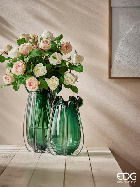EDG Enzo de Gasperi Indoor vase with flower neck in green polished glass "Volute", flower or plant holder, modern style H38xD20 cm