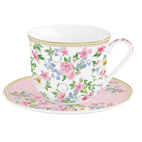 EASY LIFE Set 2 cups + saucer GARDEN JOY porcelain with pink flowers 370 ml