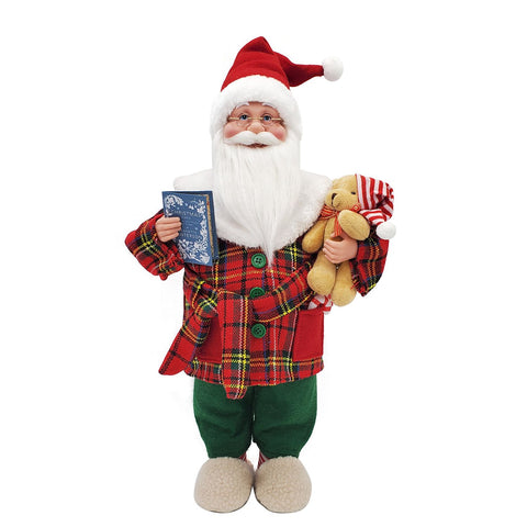 VETUR Decorazione Natalizia Statuetta Babbo Natale con orsetto rosso tartan 45cm