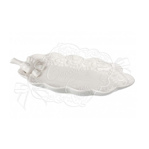 COCCOLE DI CASA Vassoio Vassoietto da cucina a forma di foglia con fiocco bianco in ceramica Flower Shabby Chic 14,5x27x3 cm