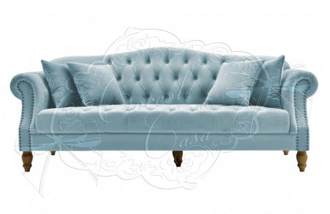 COCCOLE DI CASA 3 seater sofa in Capitonnè made in Italy in dusty light blue velvet Classic, vintage Shabby Chic 220x90 cm