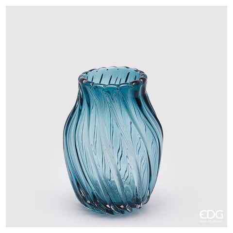 EDG Enzo de Gasperi Ribbed indoor vase with blue polished glass neck, flower or plant holder, modern style