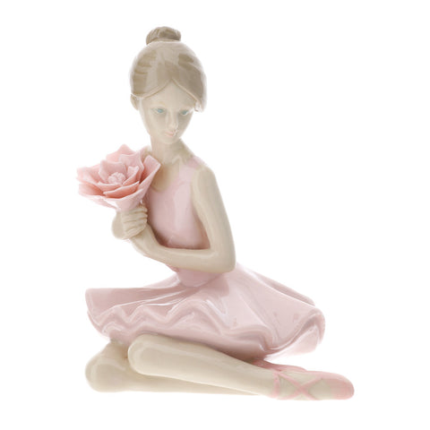 Hervit Ballerina seduta in porcellana con fiore rosa 12cm