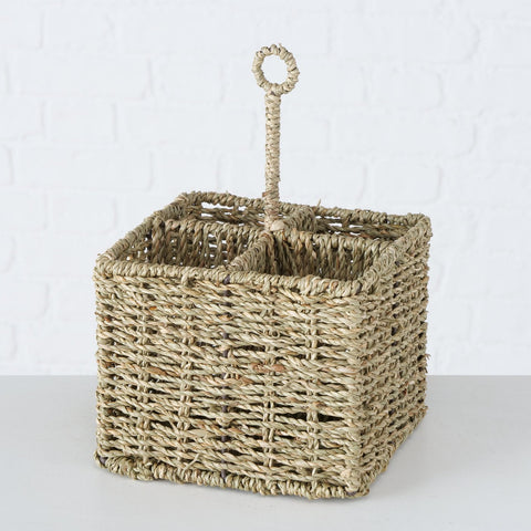 Boltze Square Hanging Wicker Bottle Holder Basket, 4 Compartment Storage Basket Made of Seaweed Wood and Iron, Natural Material "ELSTRA", Country Vintage