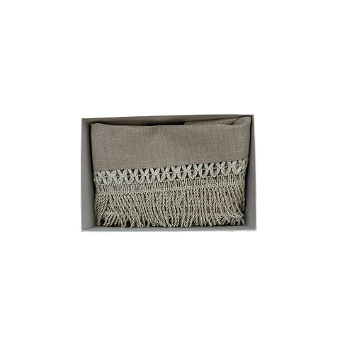 FIORI DI LENA Taupe linen centerpiece with fringes and box FASHION BOMBONIERA 100% made in Italy H100x35 cm