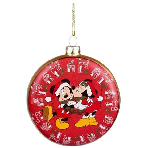 Kurt S. Adler Pallina disney natalizia Minnie e Topolino a forma di disco in vetro rosso/oro 8x2xh9 cm