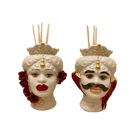SBORDONE Pair of dark brown perfumers with red decorations and white porcelain H12 cm