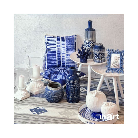 INART Vase décoratif rond pour plantes ou fleurs d'intérieur en céramique bleue brillante avec effet antique avec ornements, moderne / Vintage