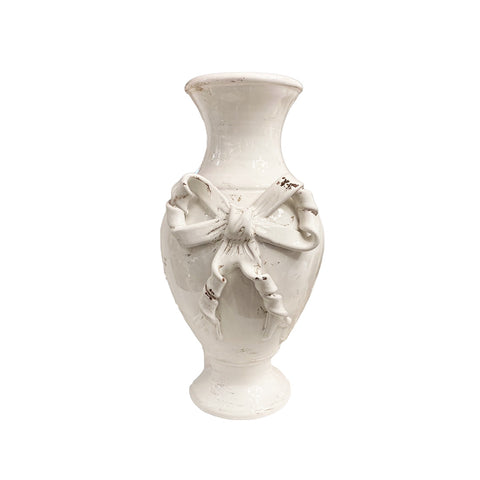 LEONA Vaso fioriera anfora Shabby Chic ceramica bianco con fiocchi H35 cm