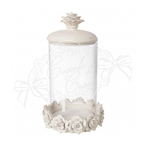 COCCOLE DI CASA Bonbon holder potiche in glass and cream polyresin with roses antique effect vintage Shabby Chic D18xH36cm
