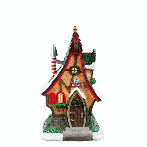 LEMAX Elf house with "ELF LANE 4" lights in the shape of a spike for your Christmas village