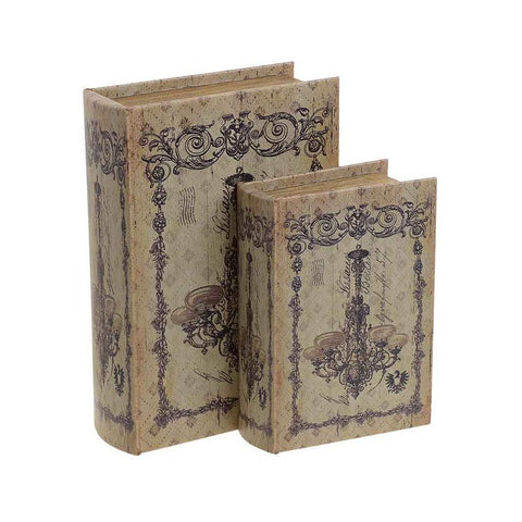 INART Set of two book-shaped decorative container boxes in coffee-colored birch wood with ornaments and chandelier, French Vintage, Shabby Chic