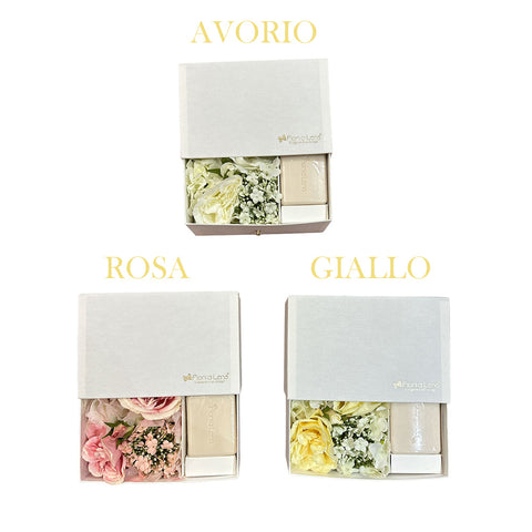 FIORI DI LENA Box scatola con decoro fiori e saponetta 200 gr 3 varianti made in italy L 13x21 cm
