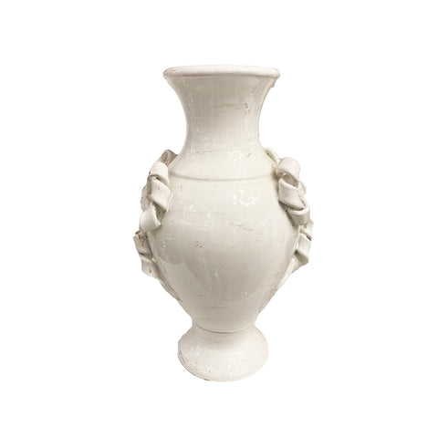 LEONA Vase amphore en céramique blanche Shabby Chic avec noeuds H35 cm