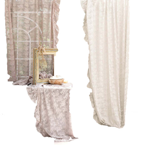 BLANC MARICLO' Set of 2 curtain panels ROMANTIC LACE ivory rouche lace 150x290cm