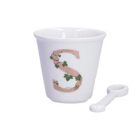 WHITE PORCELAIN Set coffee cup + initial S pink spoon 75 cc