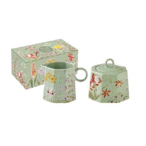EASY LIFE Porcelain milk jug and sugar bowl in box EDEN green with flowers 250 ml