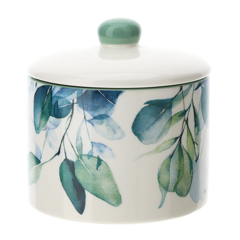 HERVIT Porcelain cookie jar with green Botanic floral decorations Ø15x16 cm