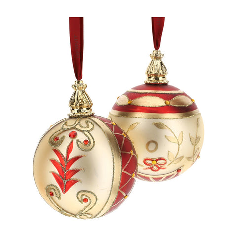 HERVIT Box 2 sfere palline natalizie per albero vetro rosso e champagne Ø10 cm