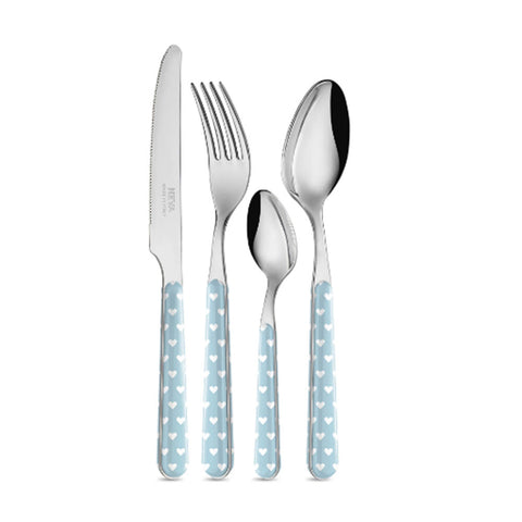 NEVA CUTLERY 24-piece steel cutlery set with light blue and white hearts decoration