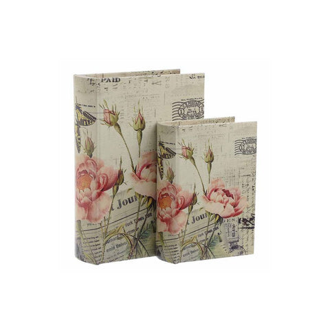 INART Set of two book-shaped decorative storage boxes in birch wood and cream-colored leather with flowers, vintage Shabby Chic
