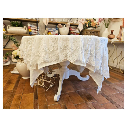 Charming table cover in natural linen with embroidery and lace "LUIS XVI" 180x180 cm