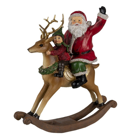 CLAYRE E EEF Statua Babbo Natale con bambino su renna a dondolo 20x7x22 cm