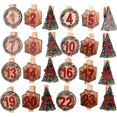 Boltze Set of 24 Wooden Christmas Advent Calendar Clothespins